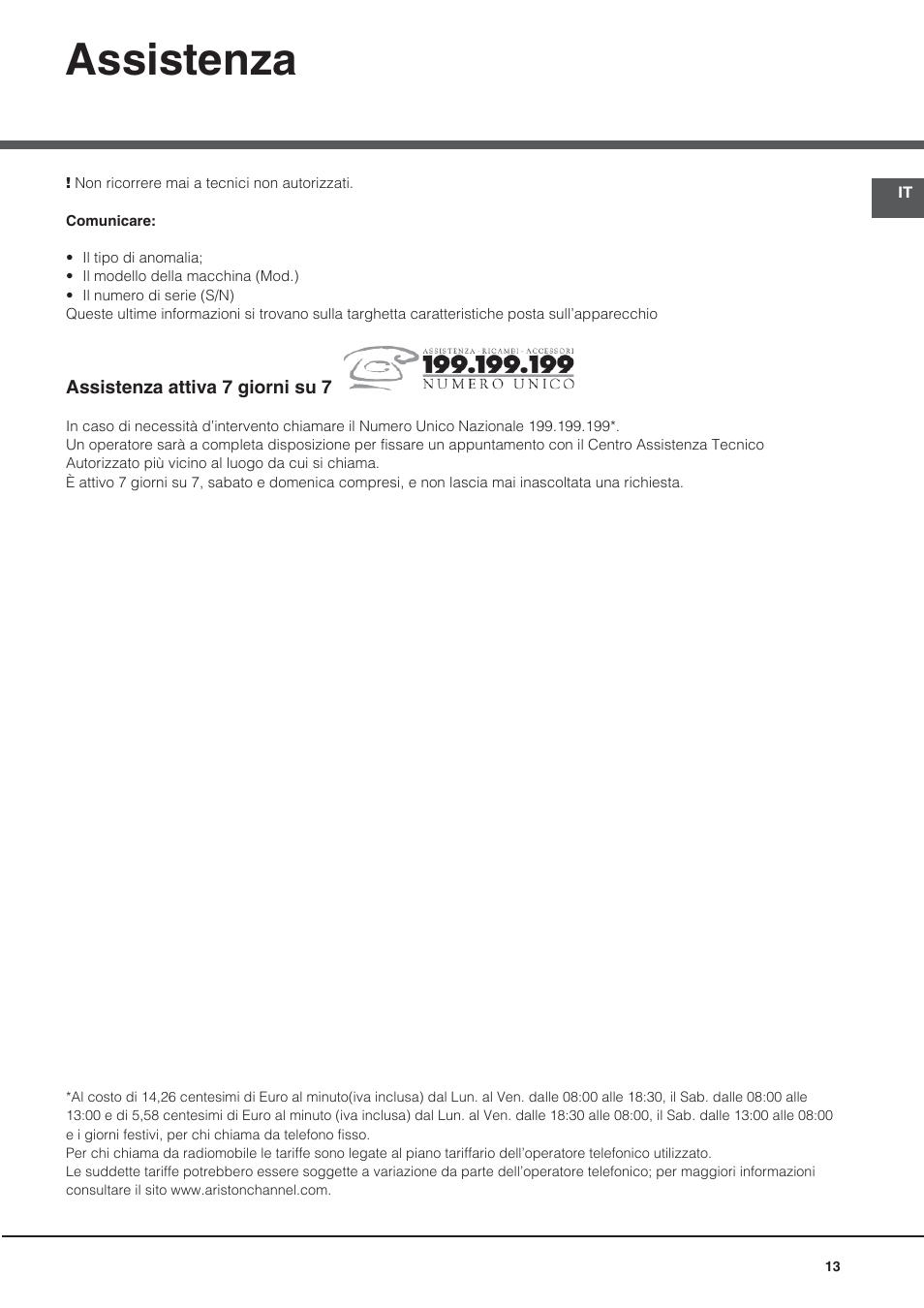 Assistenza | Hotpoint Ariston CG64SG1 (W) I /HA User Manual | Page 13 / 48