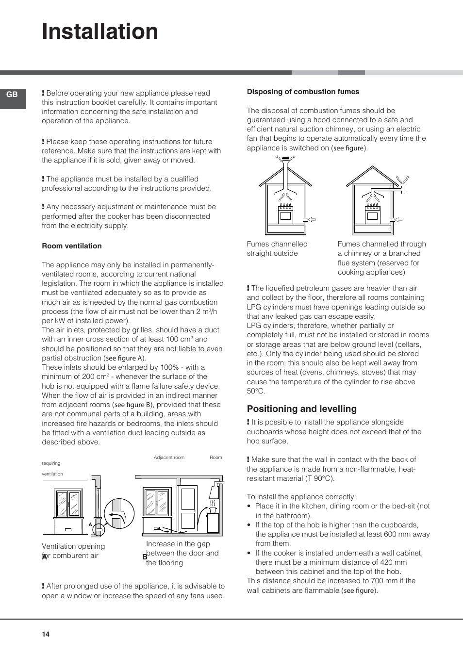 Installation, Positioning and levelling | Hotpoint Ariston CG64SG1 (W) I /HA User Manual | Page 14 / 48
