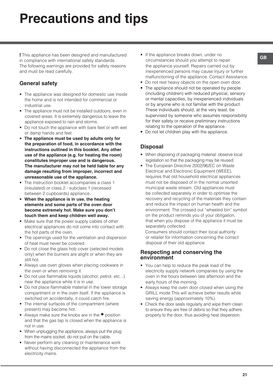 Precautions and tips | Hotpoint Ariston CG64SG1 (W) I /HA User Manual | Page 21 / 48