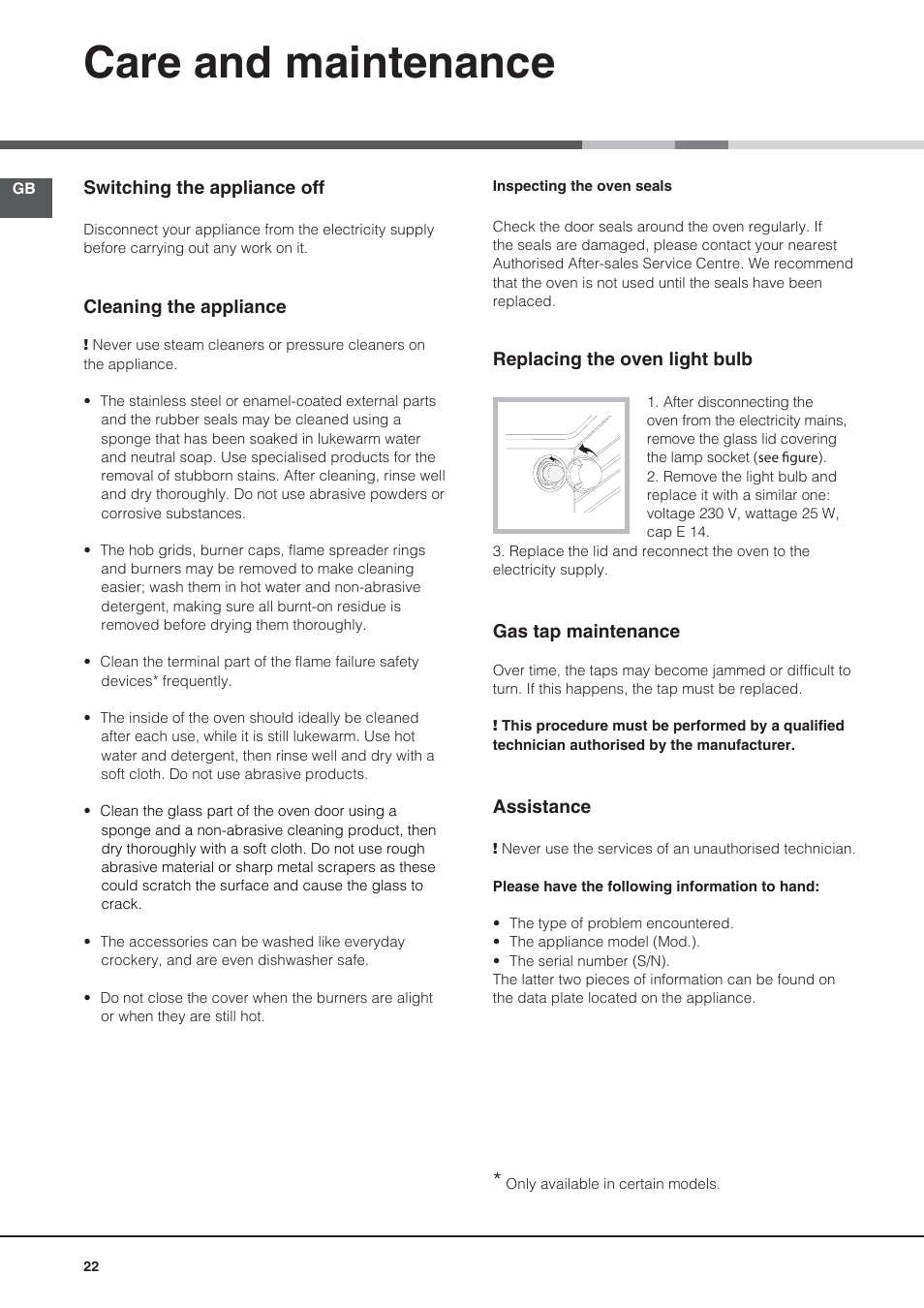 Care and maintenance | Hotpoint Ariston CG64SG1 (W) I /HA User Manual | Page 22 / 48