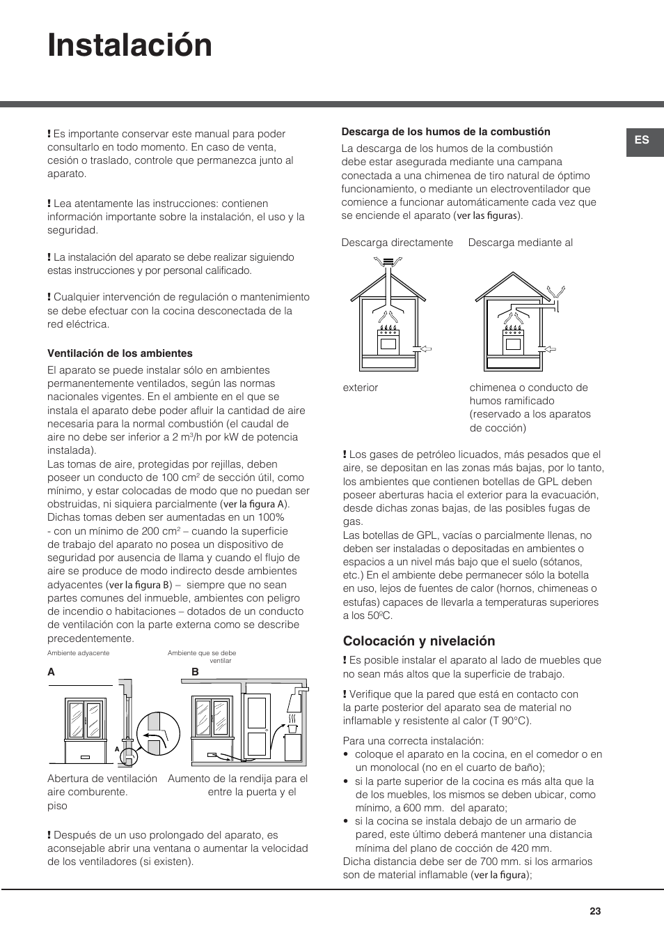 Instalación, Colocación y nivelación | Hotpoint Ariston CG64SG1 (W) I /HA User Manual | Page 23 / 48