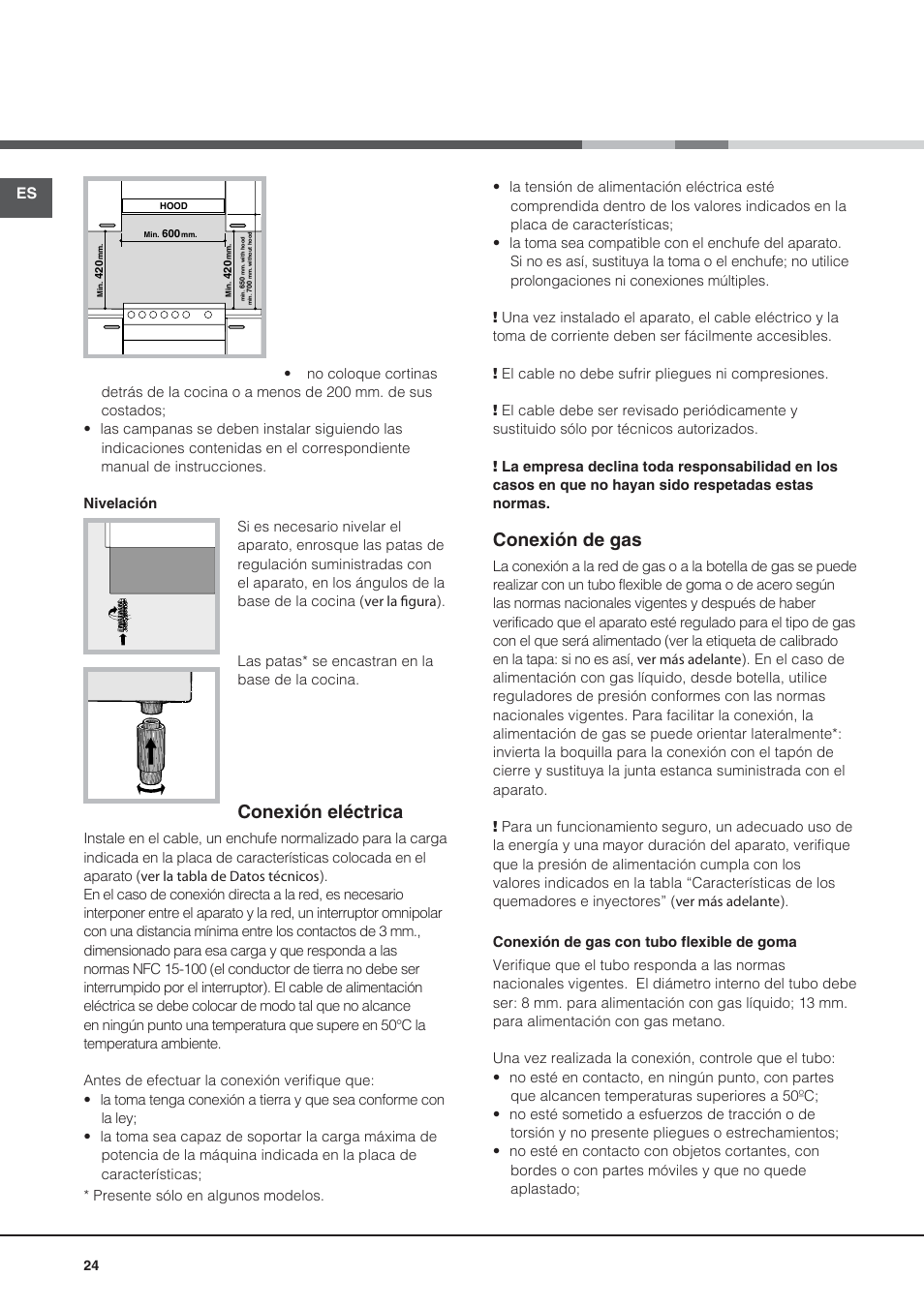 Conexión eléctrica, Conexión de gas | Hotpoint Ariston CG64SG1 (W) I /HA User Manual | Page 24 / 48