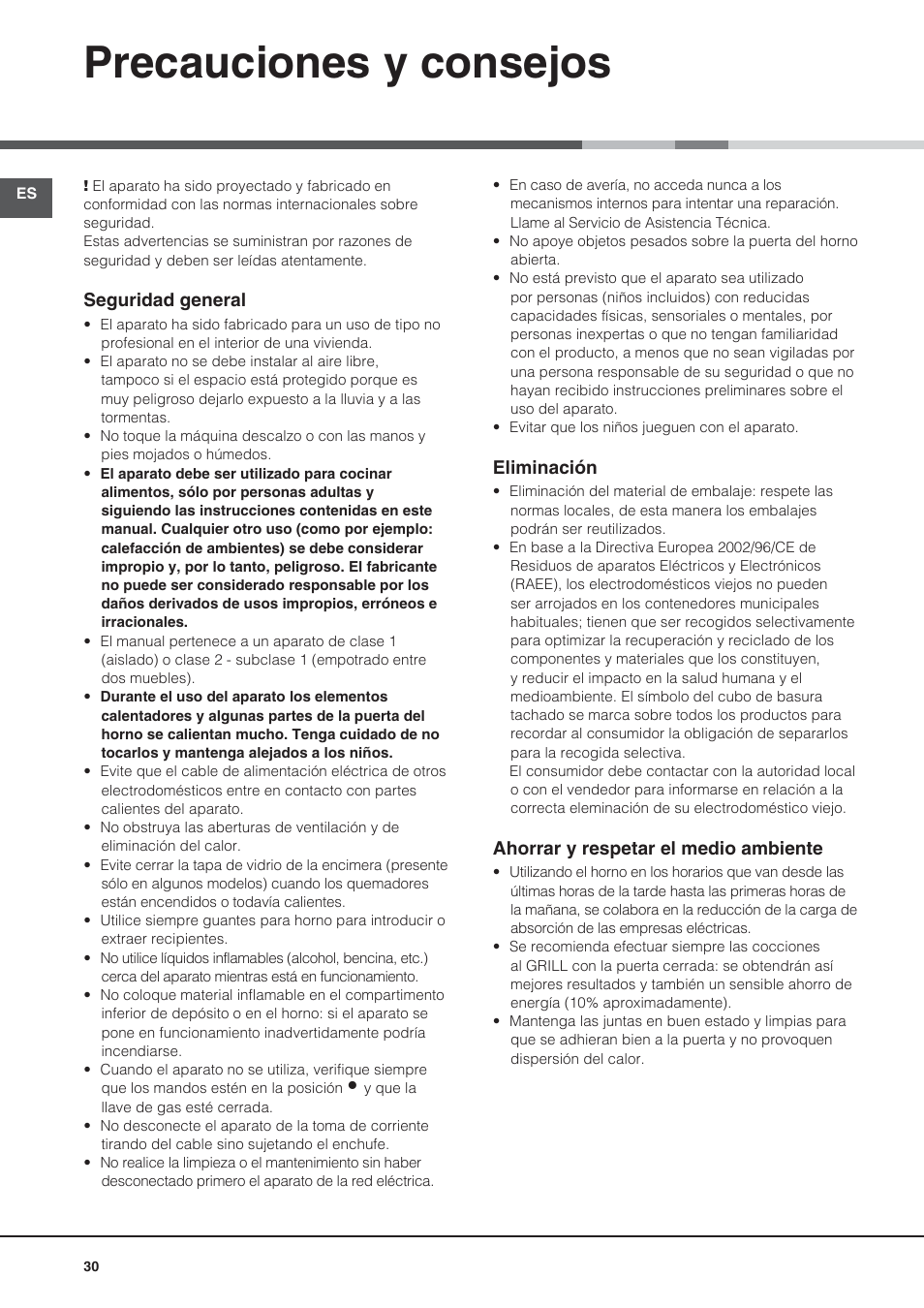 Precauciones y consejos | Hotpoint Ariston CG64SG1 (W) I /HA User Manual | Page 30 / 48