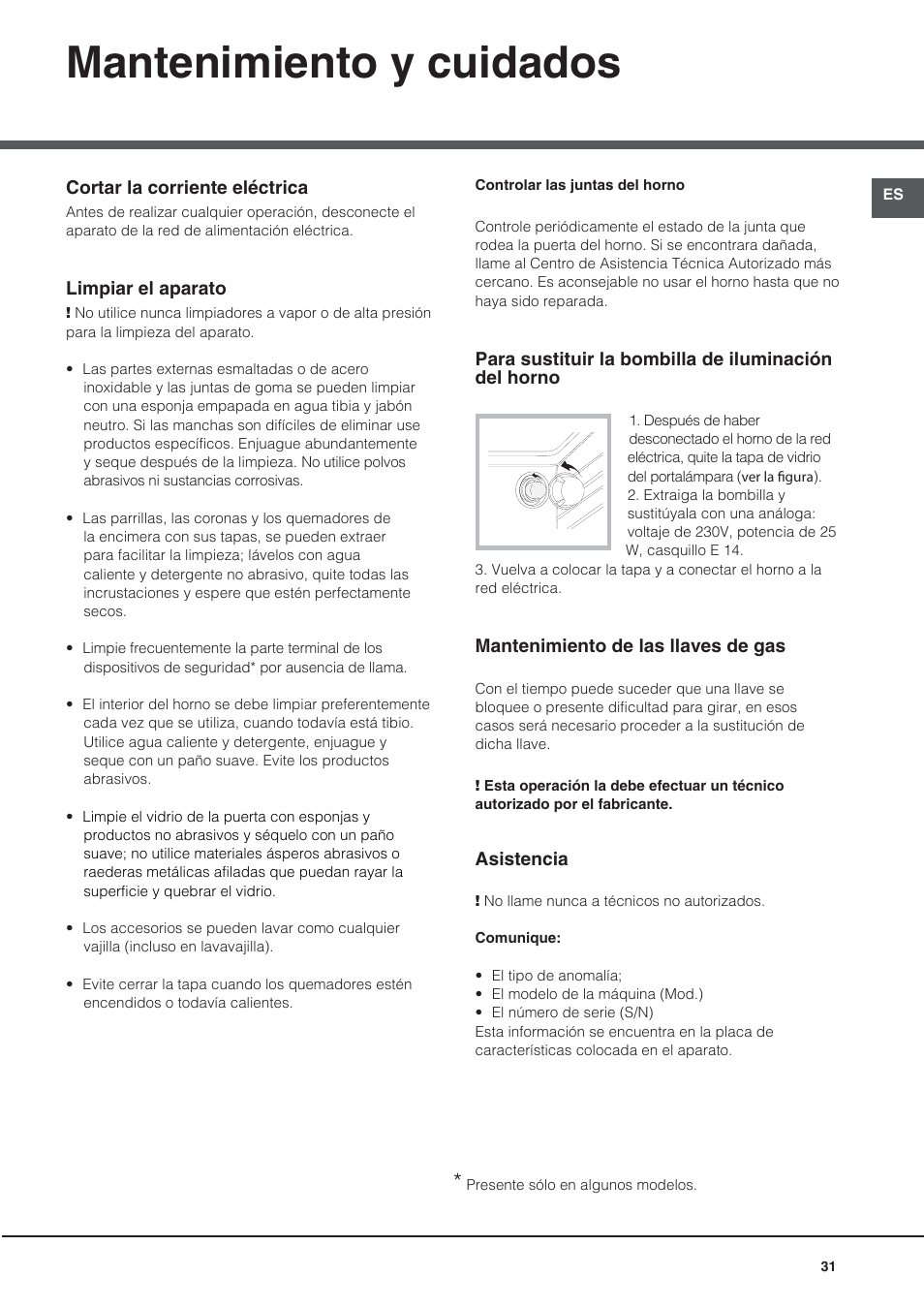 Mantenimiento y cuidados | Hotpoint Ariston CG64SG1 (W) I /HA User Manual | Page 31 / 48