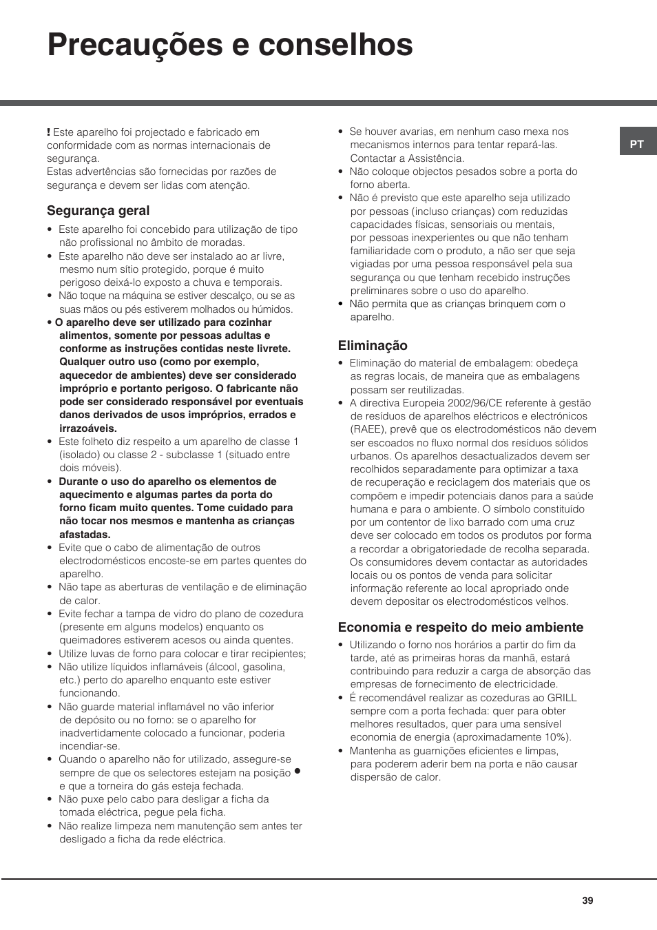 Precauções e conselhos | Hotpoint Ariston CG64SG1 (W) I /HA User Manual | Page 39 / 48