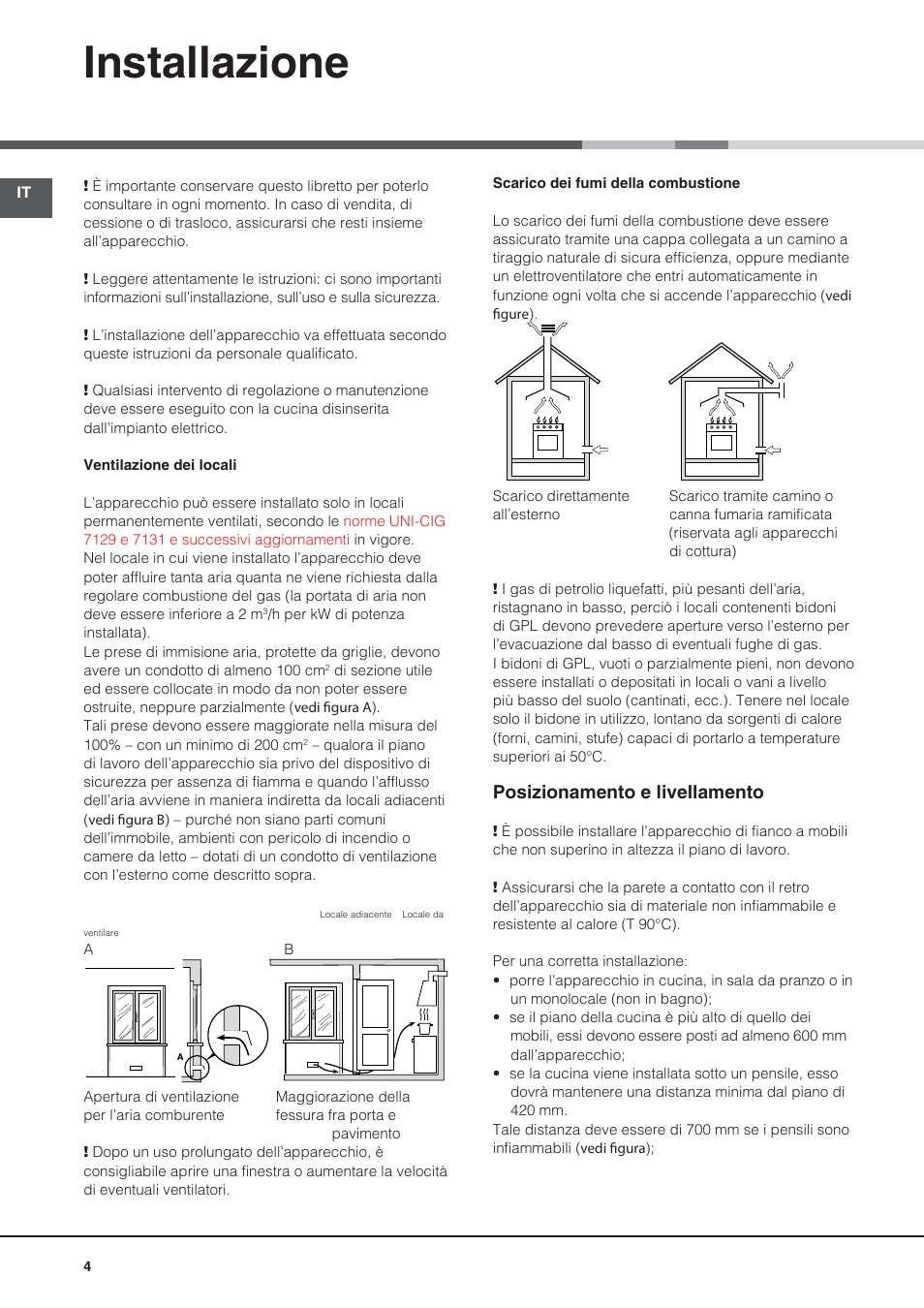 Installazione, Posizionamento e livellamento | Hotpoint Ariston CG64SG1 (W) I /HA User Manual | Page 4 / 48