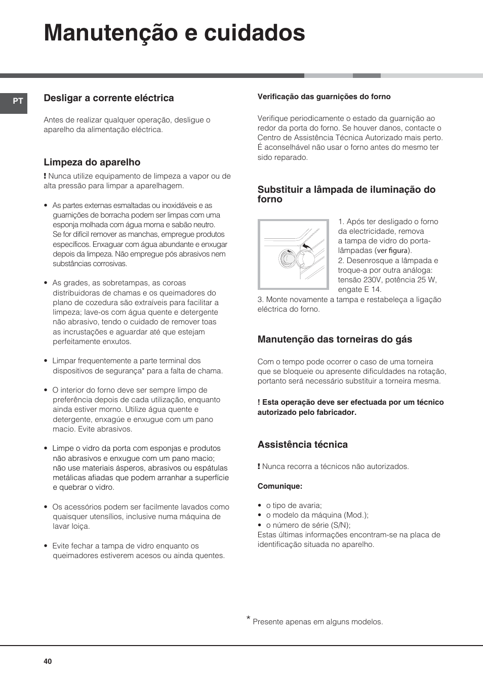 Manutenção e cuidados | Hotpoint Ariston CG64SG1 (W) I /HA User Manual | Page 40 / 48