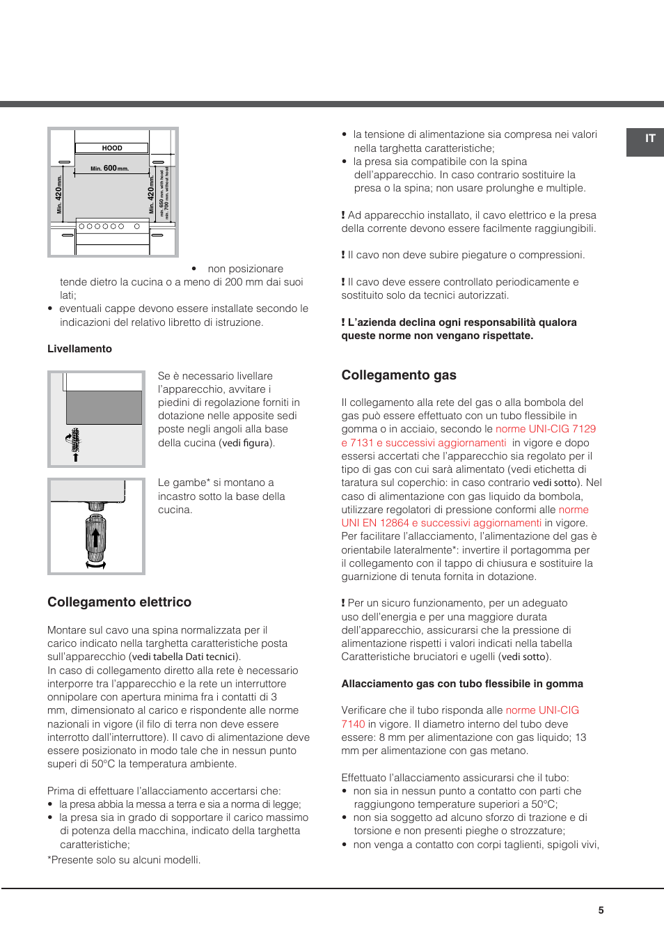Collegamento elettrico, Collegamento gas | Hotpoint Ariston CG64SG1 (W) I /HA User Manual | Page 5 / 48