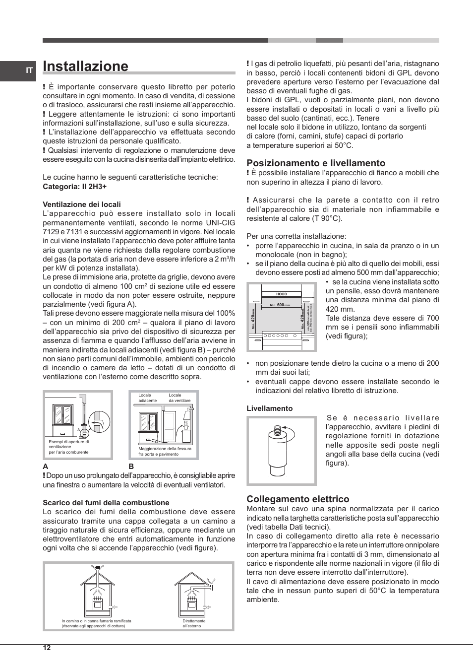 Installazione, Posizionamento e livellamento, Collegamento elettrico | Hotpoint Ariston CP65SG1-HA S User Manual | Page 12 / 60