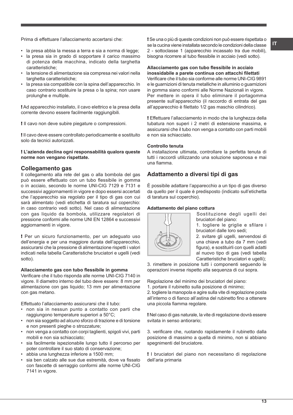 Collegamento gas, Adattamento a diversi tipi di gas | Hotpoint Ariston CP65SG1-HA S User Manual | Page 13 / 60