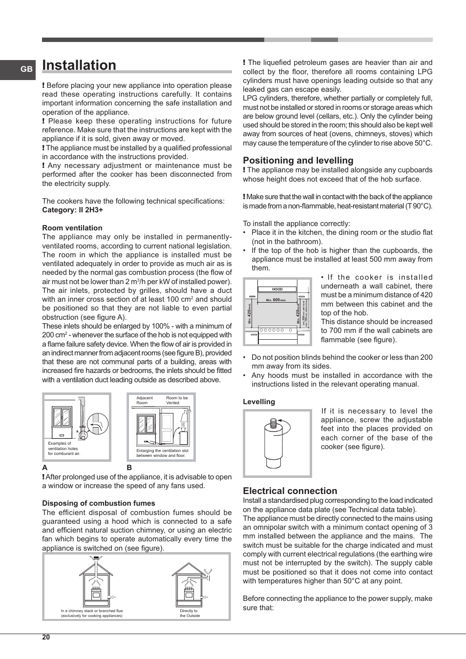 Installation, Positioning and levelling, Electrical connection | Hotpoint Ariston CP65SG1-HA S User Manual | Page 20 / 60