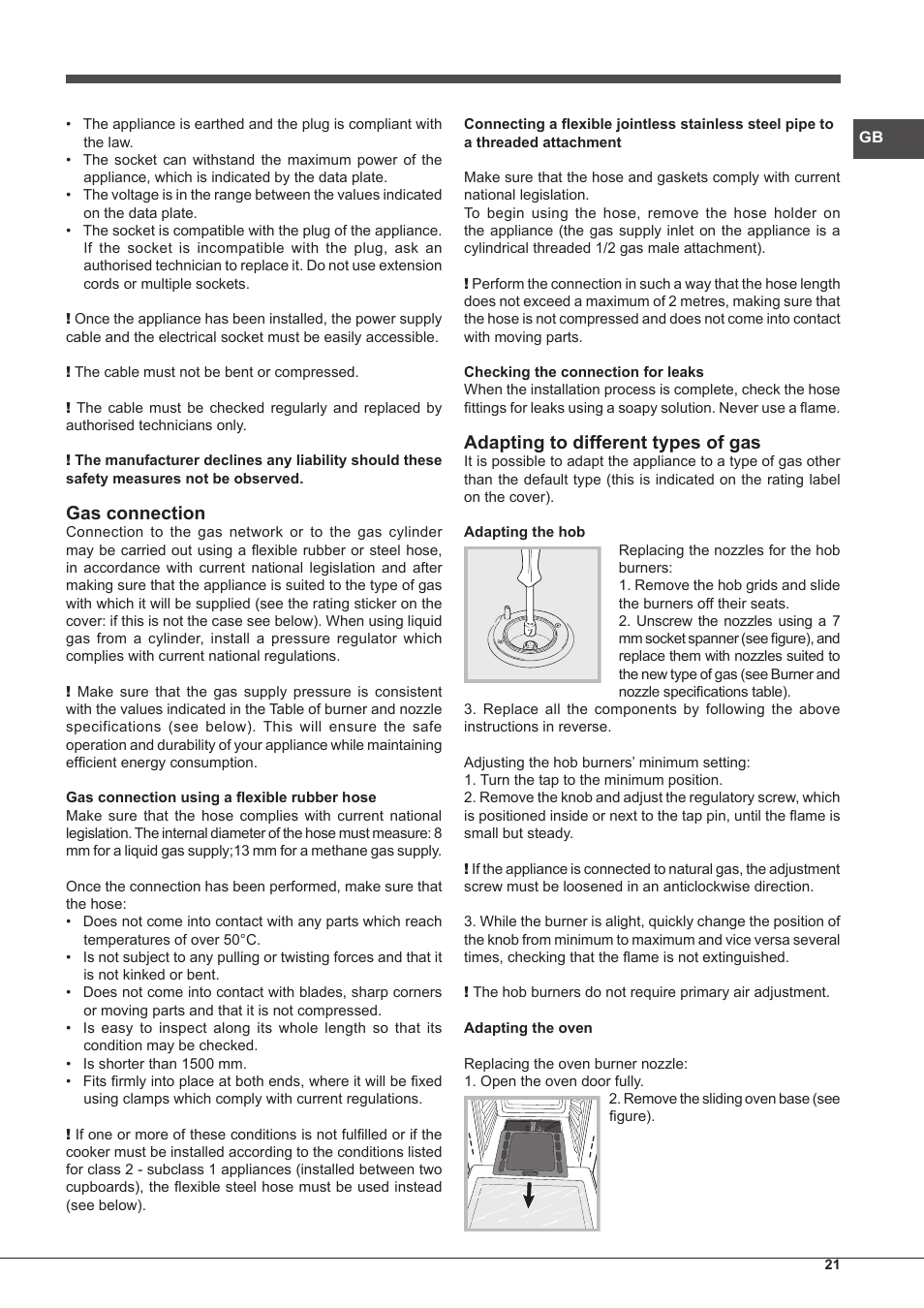 Gas connection, Adapting to different types of gas | Hotpoint Ariston CP65SG1-HA S User Manual | Page 21 / 60