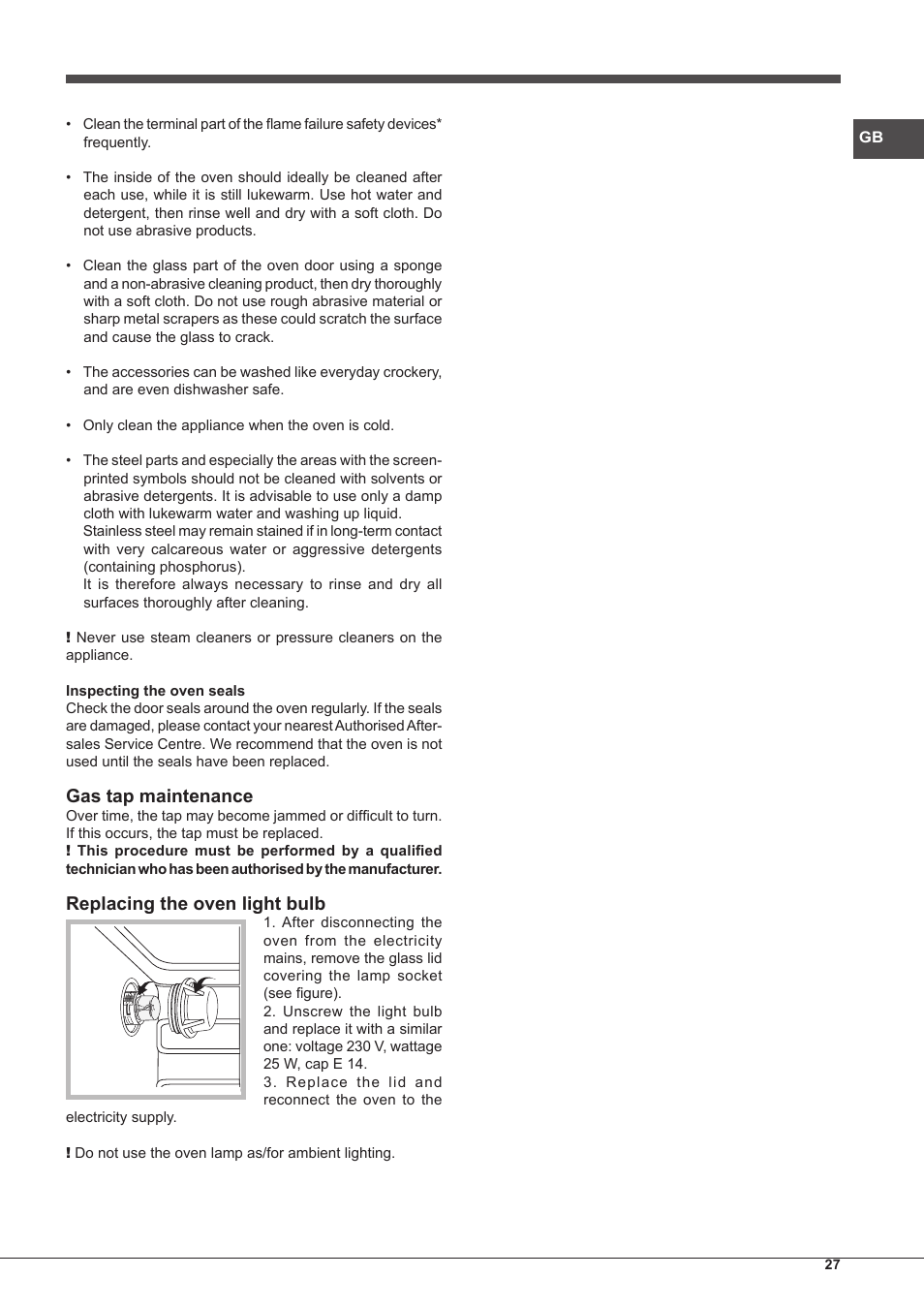 Gas tap maintenance, Replacing the oven light bulb | Hotpoint Ariston CP65SG1-HA S User Manual | Page 27 / 60