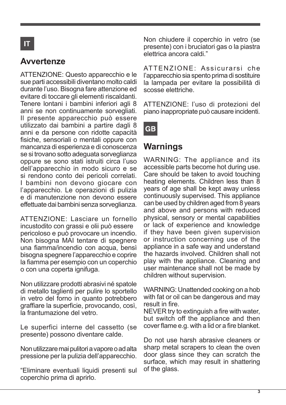 Avvertenze, Warnings | Hotpoint Ariston CP65SG1-HA S User Manual | Page 3 / 60