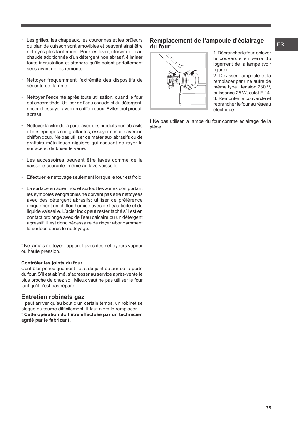 Entretien robinets gaz, Remplacement de l’ampoule d’éclairage du four | Hotpoint Ariston CP65SG1-HA S User Manual | Page 35 / 60