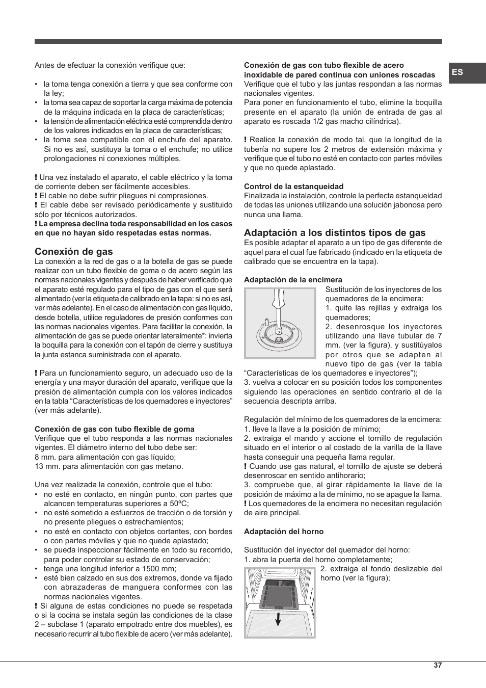 Conexión de gas, Adaptación a los distintos tipos de gas | Hotpoint Ariston CP65SG1-HA S User Manual | Page 37 / 60