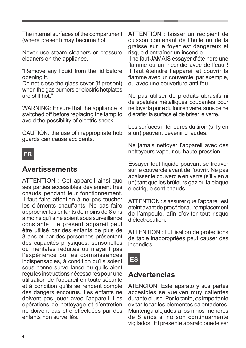 Avertissements, Advertencias | Hotpoint Ariston CP65SG1-HA S User Manual | Page 4 / 60