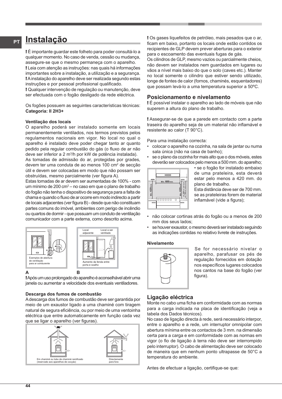 Instalação, Posicionamento e nivelamento, Ligação eléctrica | Hotpoint Ariston CP65SG1-HA S User Manual | Page 44 / 60