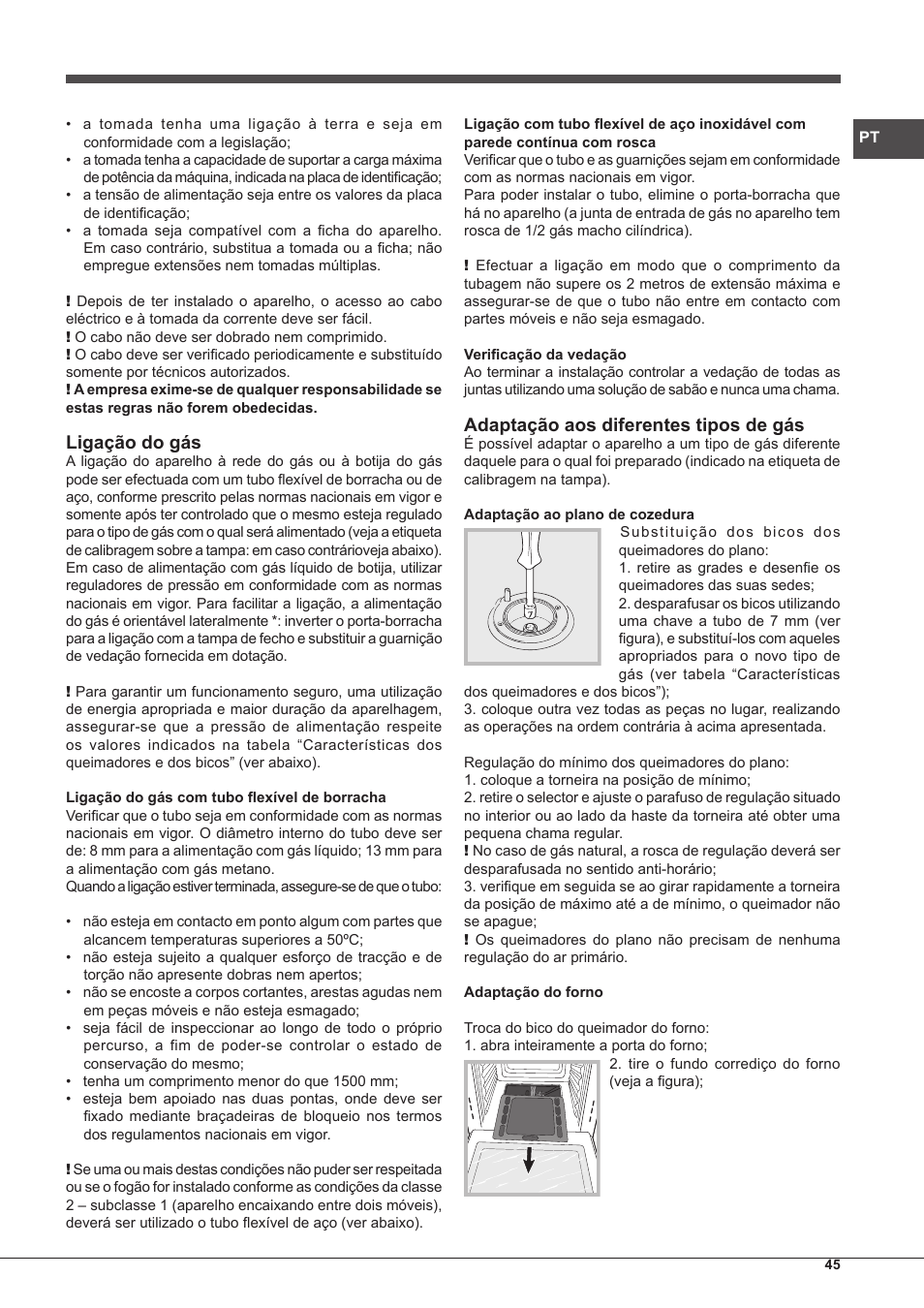 Ligação do gás, Adaptação aos diferentes tipos de gбs | Hotpoint Ariston CP65SG1-HA S User Manual | Page 45 / 60