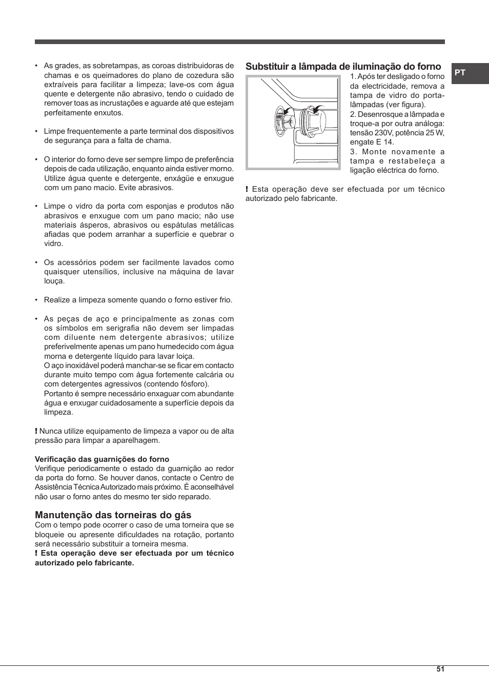 Manutenção das torneiras do gás, Substituir a lâmpada de iluminação do forno | Hotpoint Ariston CP65SG1-HA S User Manual | Page 51 / 60