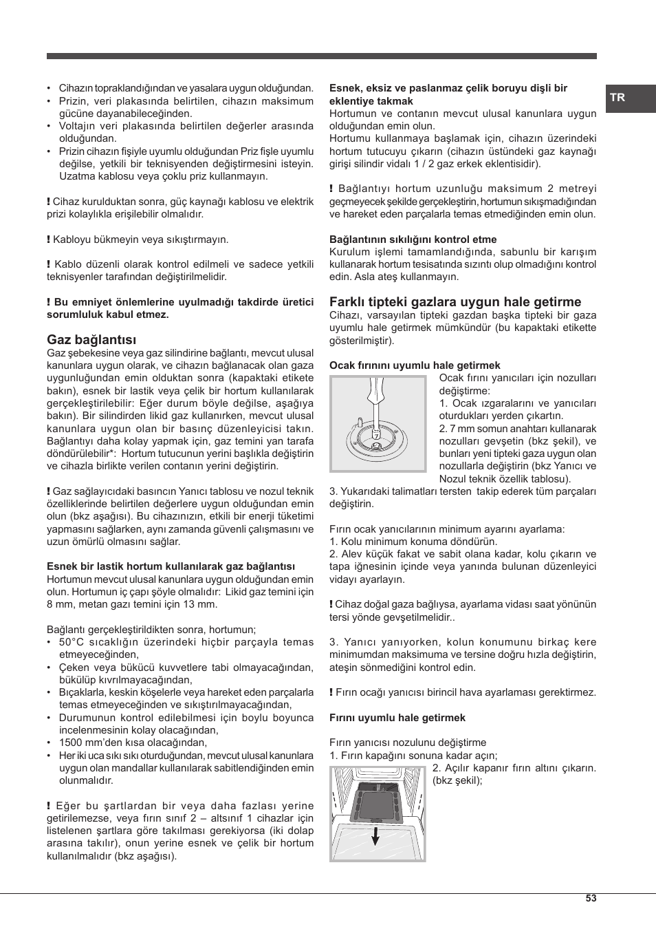 Gaz bağlantısı, Farklı tipteki gazlara uygun hale getirme | Hotpoint Ariston CP65SG1-HA S User Manual | Page 53 / 60