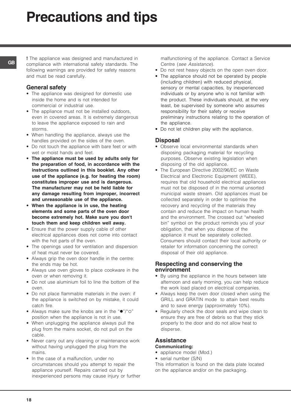 Precautions and tips | Hotpoint Ariston Deco FHR 540 (AN)-HA User Manual | Page 18 / 64
