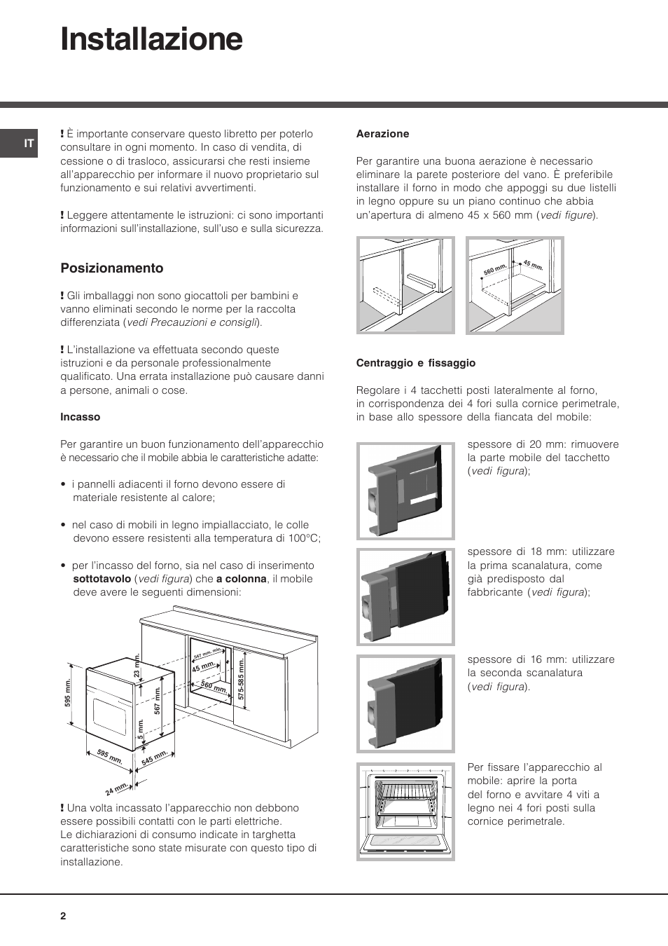 Installazione, Posizionamento | Hotpoint Ariston Deco FHR 540 (AN)-HA User Manual | Page 2 / 64