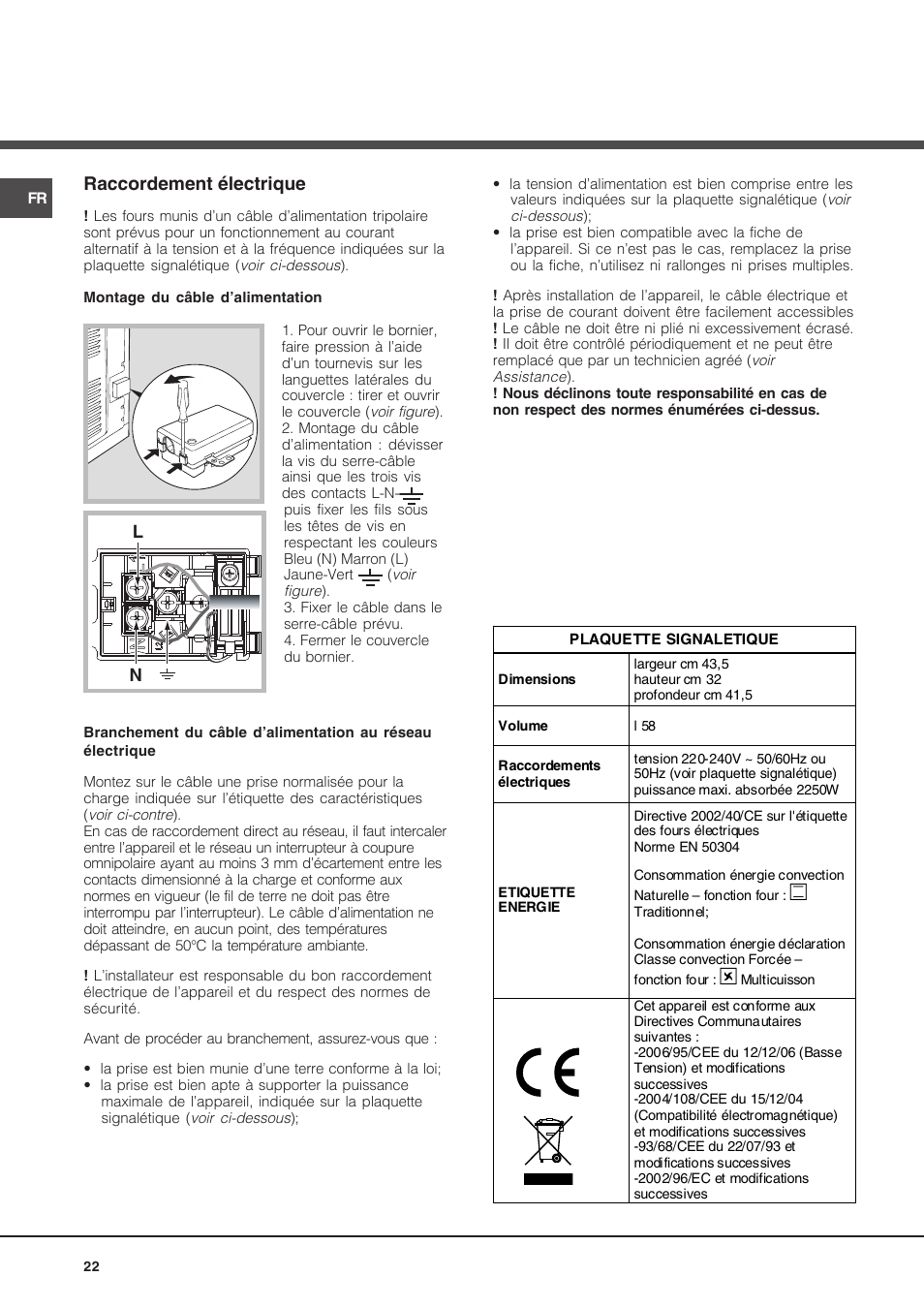 Raccordement électrique | Hotpoint Ariston Deco FHR 540 (AN)-HA User Manual | Page 22 / 64