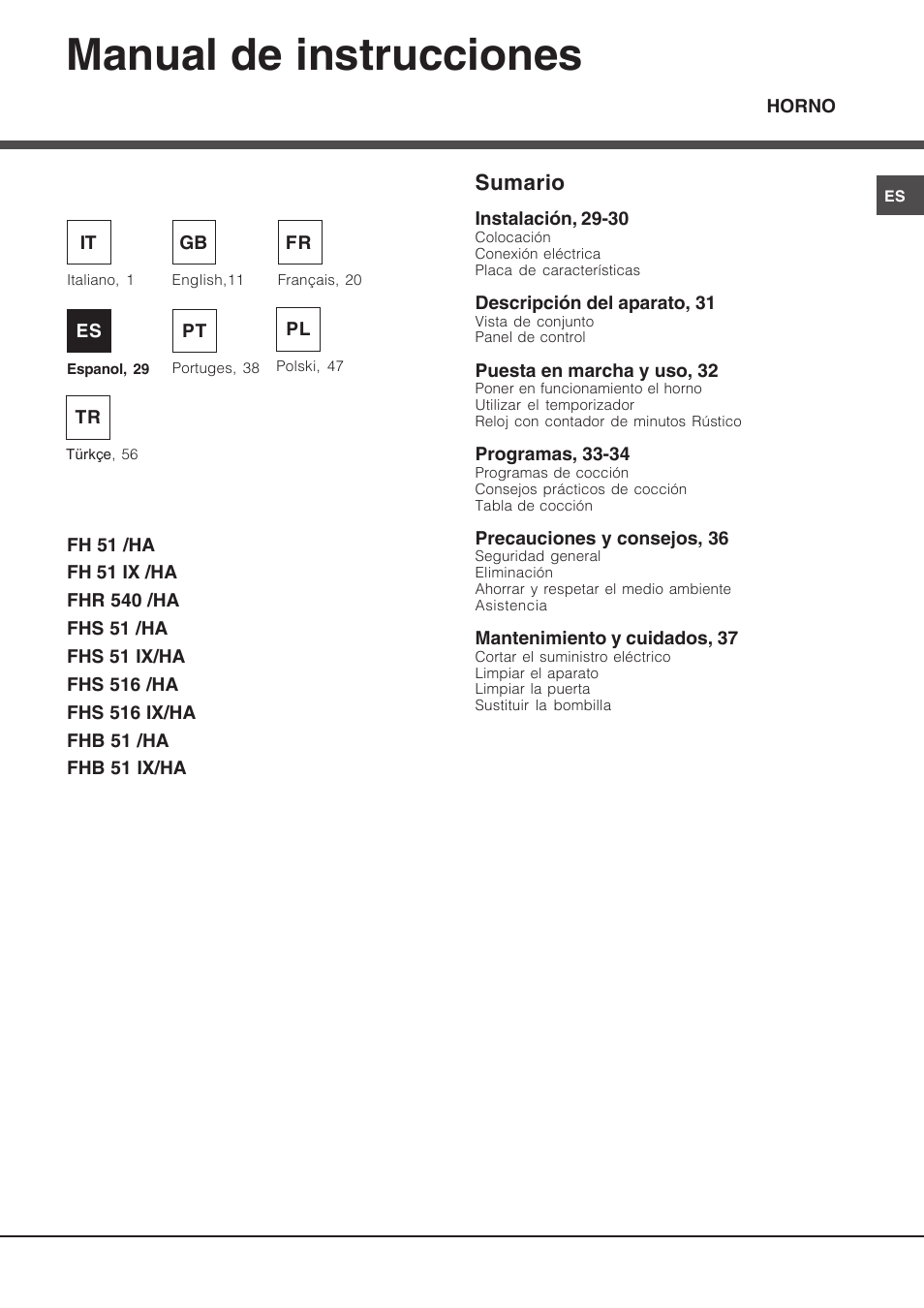 083758es, Manual de instrucciones, Sumario | Hotpoint Ariston Deco FHR 540 (AN)-HA User Manual | Page 29 / 64