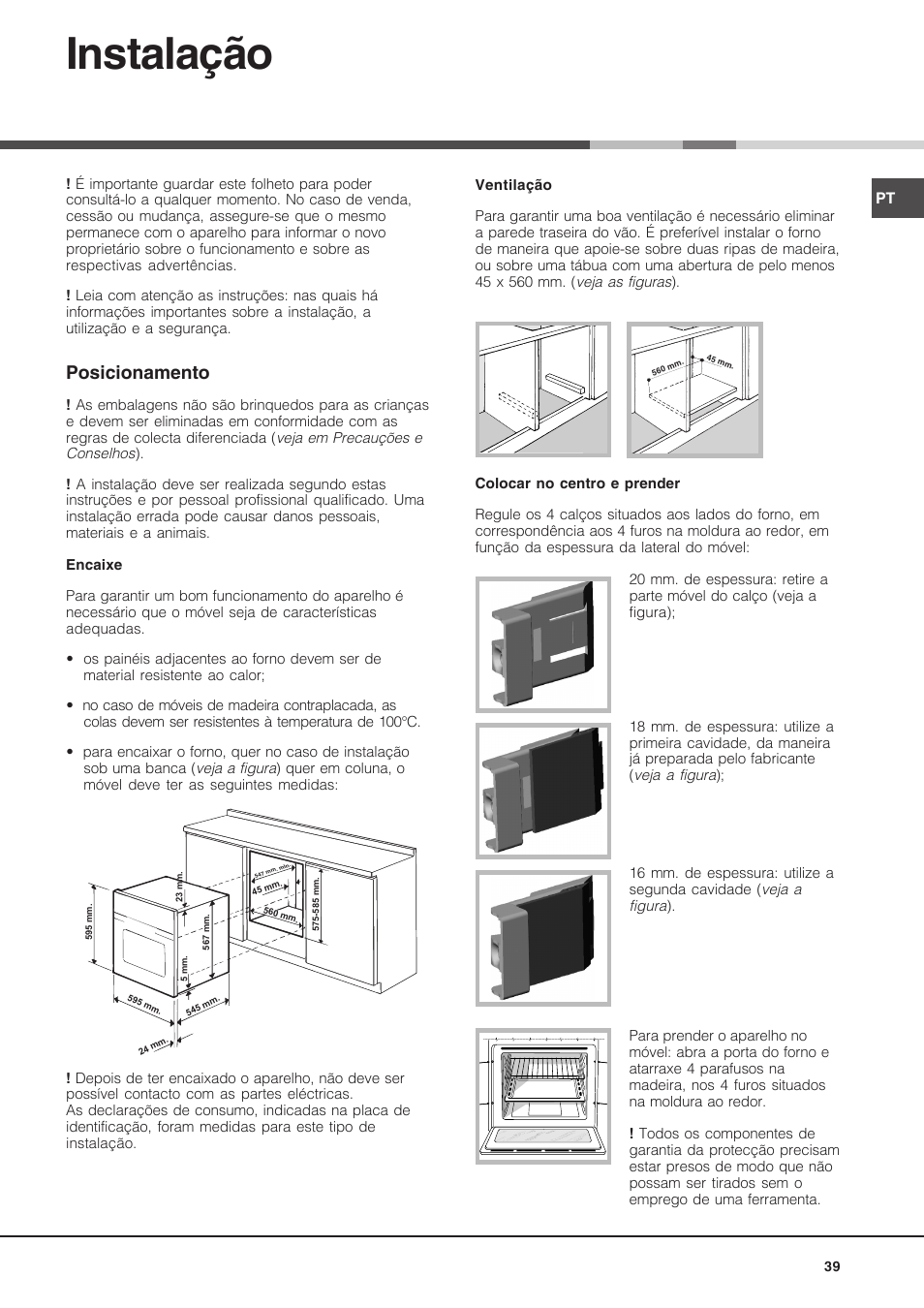 Instalação, Posicionamento | Hotpoint Ariston Deco FHR 540 (AN)-HA User Manual | Page 39 / 64