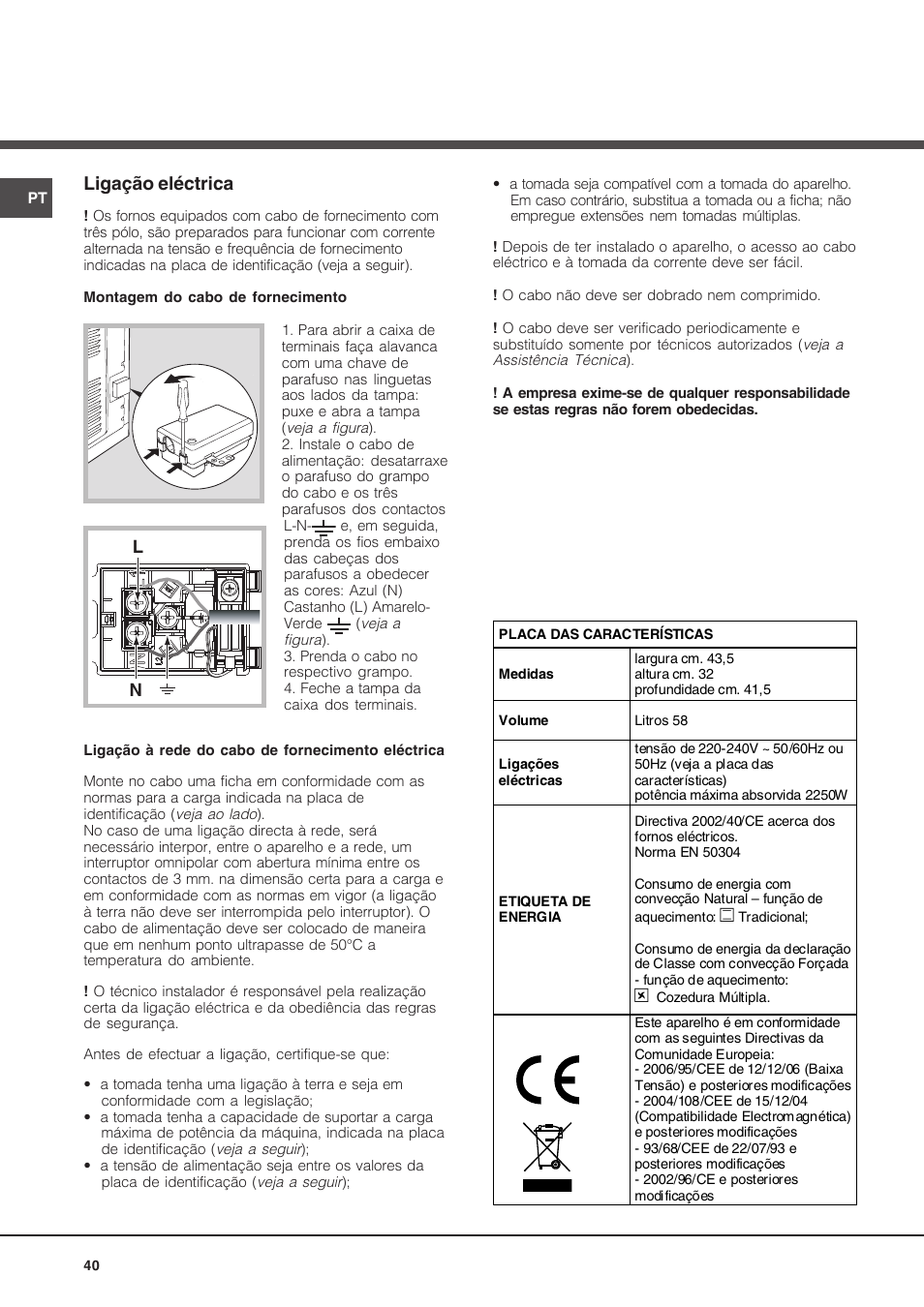 Ligação eléctrica | Hotpoint Ariston Deco FHR 540 (AN)-HA User Manual | Page 40 / 64