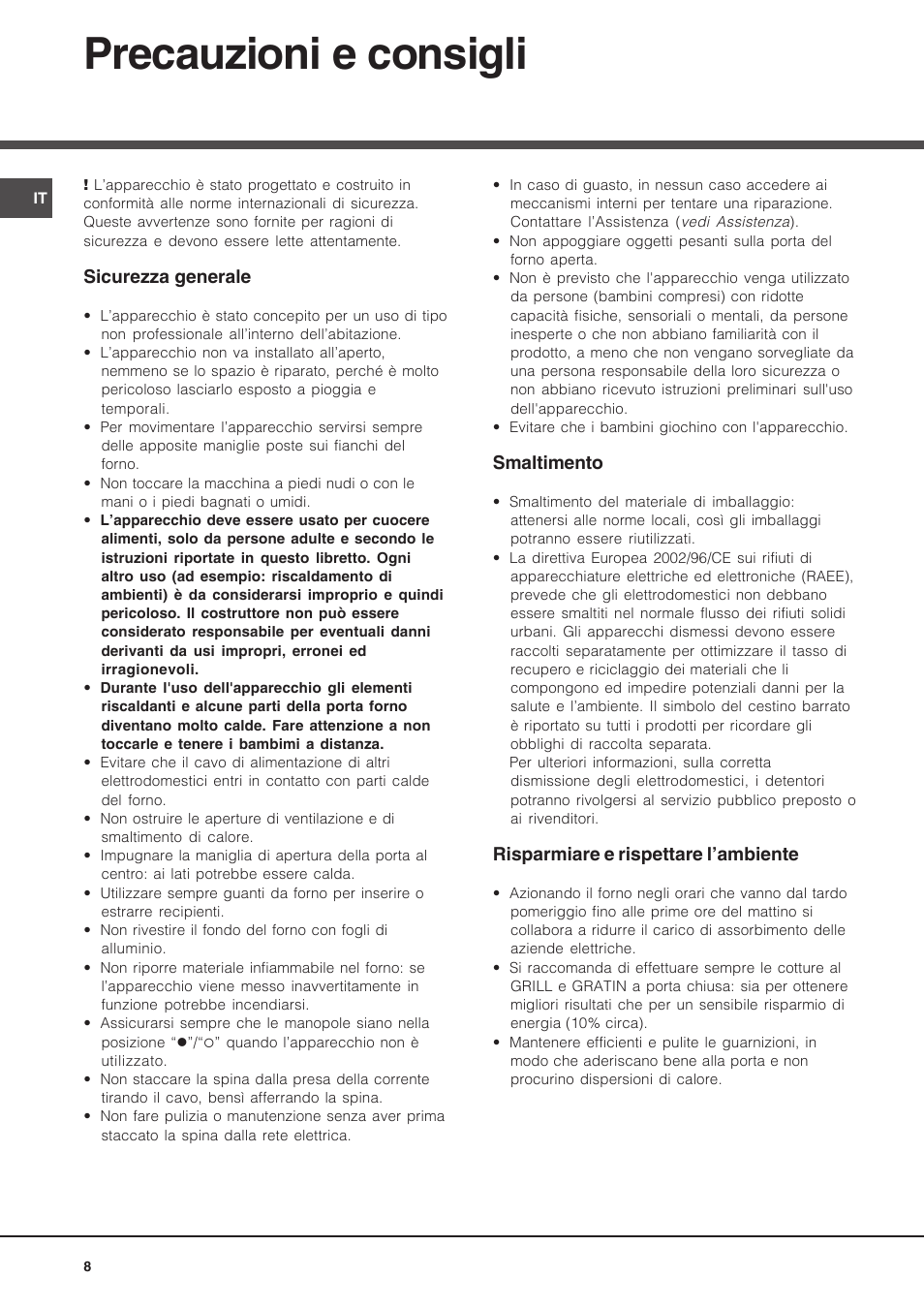 Precauzioni e consigli | Hotpoint Ariston Deco FHR 540 (AN)-HA User Manual | Page 8 / 64