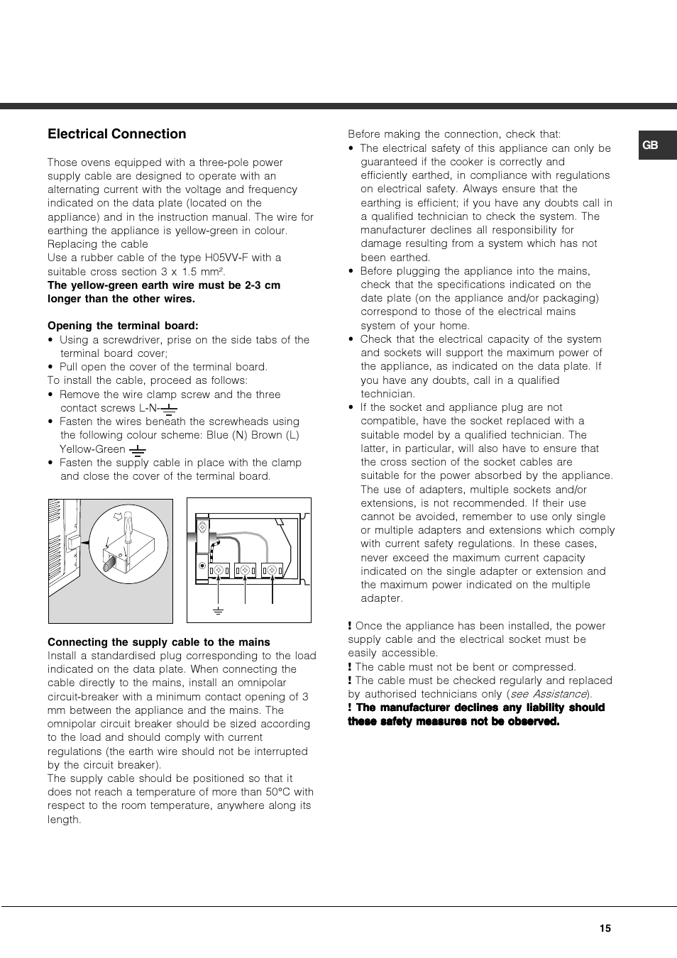 Electrical connection | Hotpoint Ariston Deco MHR 940.1 (AN)-HA User Manual | Page 15 / 80