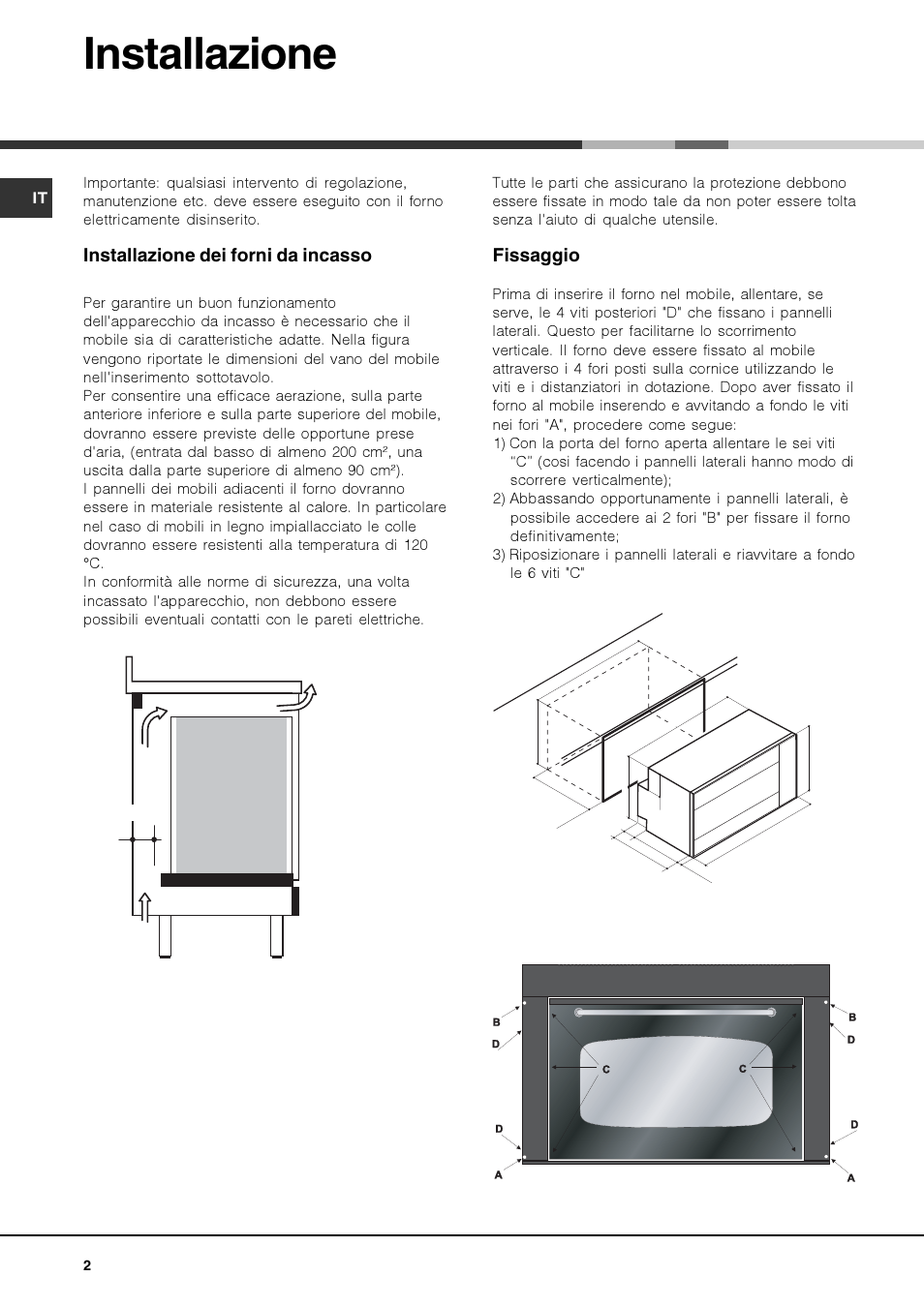 Installazione, Installazione dei forni da incasso, Fissaggio | Hotpoint Ariston Deco MHR 940.1 (AN)-HA User Manual | Page 2 / 80