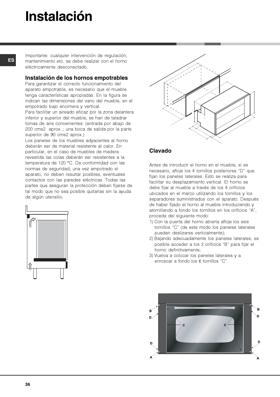 Instalación, Instalación de los hornos empotrables, Clavado | Hotpoint Ariston Deco MHR 940.1 (AN)-HA User Manual | Page 36 / 80