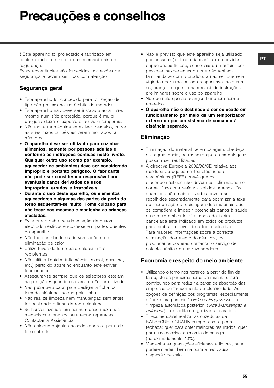 Precauções e conselhos | Hotpoint Ariston Deco MHR 940.1 (AN)-HA User Manual | Page 55 / 80