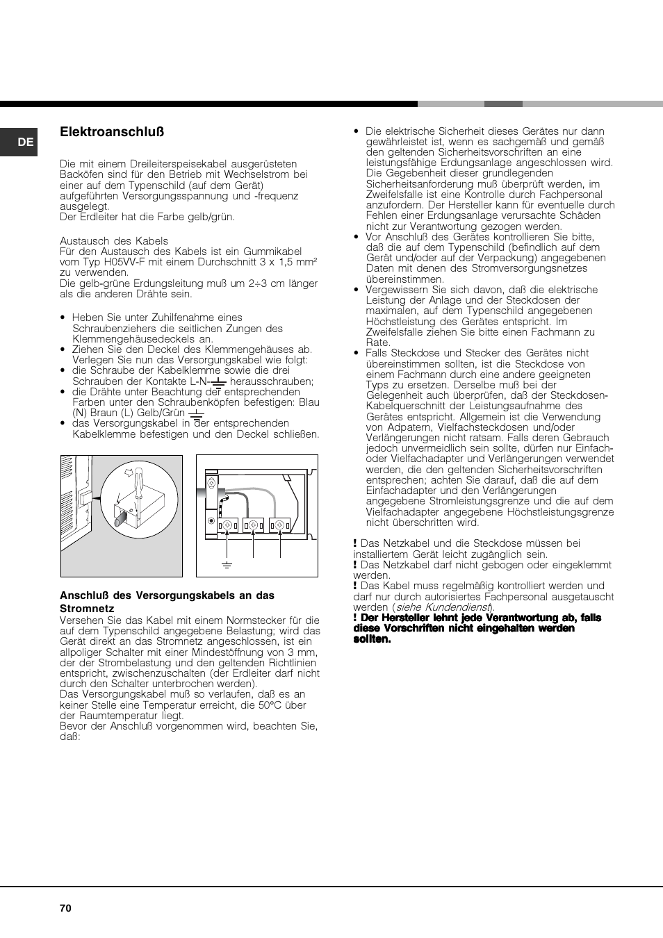 Elektroanschluß | Hotpoint Ariston Deco MHR 940.1 (AN)-HA User Manual | Page 70 / 80