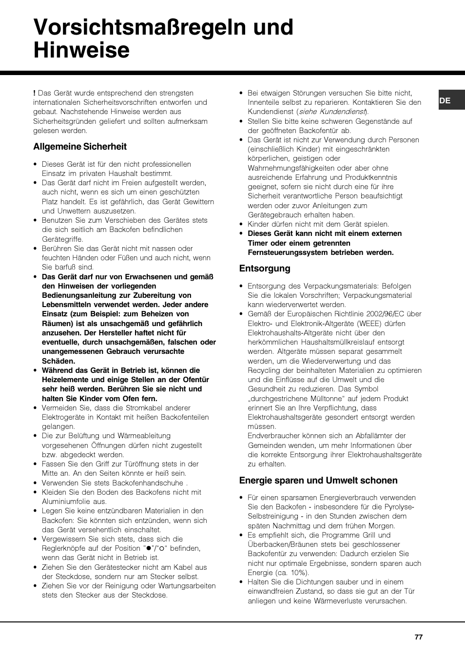 Vorsichtsmaßregeln und hinweise | Hotpoint Ariston Deco MHR 940.1 (AN)-HA User Manual | Page 77 / 80