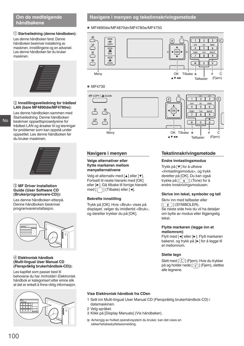 Om de medfølgende håndbøkene, Navigere i menyen, Og tekstinnskrivingsmetode | Navigere i menyen og tekstinnskrivingsmetode | Canon i-SENSYS MF4890dw User Manual | Page 100 / 292