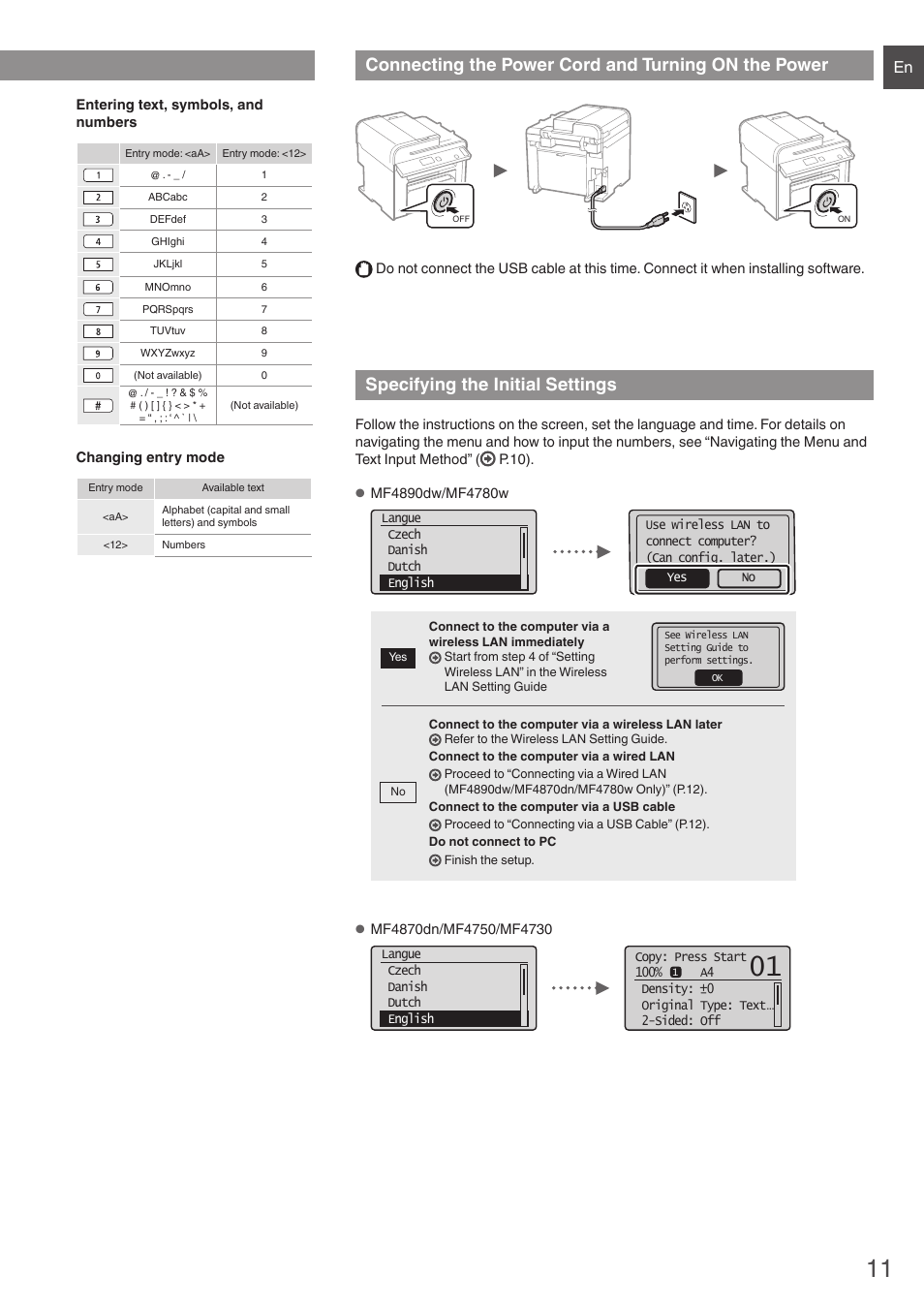 Connecting the power cord and turning on, The power, Specifying the initial settings | Connecting the power cord and turning on the power, Navigating the menu and text input method | Canon i-SENSYS MF4890dw User Manual | Page 11 / 292