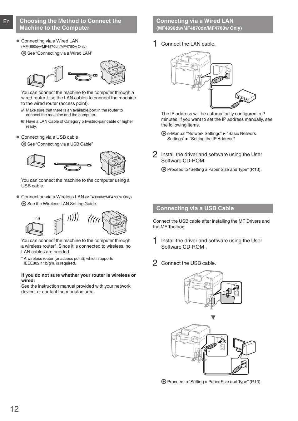Choosing the method to connect, The machine to the computer, Connecting via a wired lan | Mf4890dw/mf4870dn/mf4780w only), Connecting via a usb cable | Canon i-SENSYS MF4890dw User Manual | Page 12 / 292