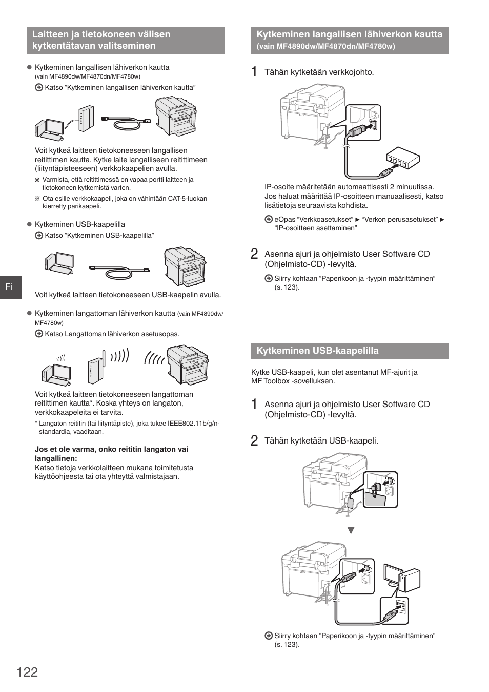 Laitteen ja tietokoneen välisen, Kytkentätavan valitseminen, Kytkeminen langallisen lähiverkon kautta | Vain mf4890dw/mf4870dn/mf4780w), Kytkeminen usb-kaapelilla, Ohtaan ”kytkeminen langallisen lähiverkon kautta, Vain mf4890dw/mf4870dn/mf4780w)” (s. 122), Ohtaan ”kytkeminen usb-kaapelilla” (s. 122) | Canon i-SENSYS MF4890dw User Manual | Page 122 / 292