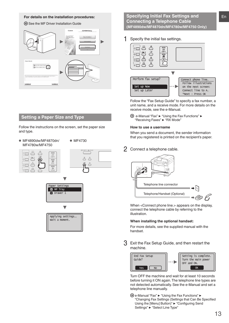 Setting a paper size and type, Specifying initial fax settings, And connecting a telephone cable | Mf4890dw/mf4870dn/mf4780w/mf4750 only) | Canon i-SENSYS MF4890dw User Manual | Page 13 / 292