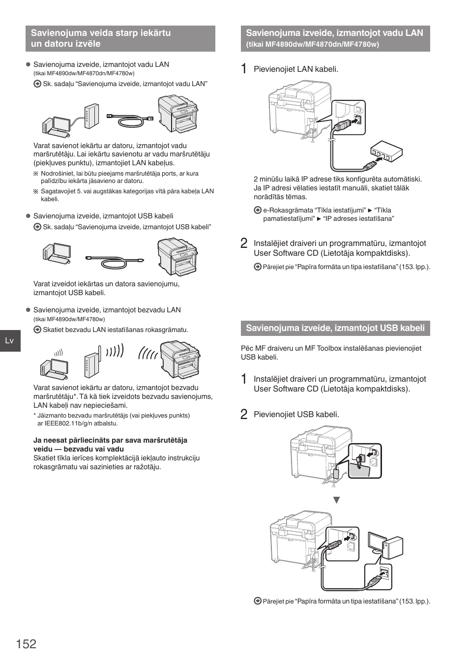 Savienojuma veida starp iekārtu, Un datoru izvēle, Savienojuma izveide, izmantojot vadu lan | Tikai mf4890dw/mf4870dn/mf4780w), Savienojuma izveide, izmantojot, Usb kabeli, Tikai mf4890dw/mf4870dn/mf4780w)” (152. lpp.), Savienojuma izveide, izmantojot usb kabeli, Lpp.) | Canon i-SENSYS MF4890dw User Manual | Page 152 / 292