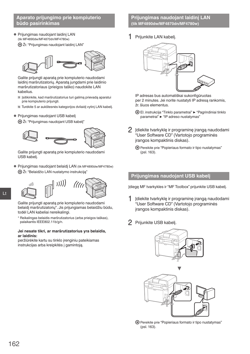 Aparato prijungimo prie kompiuterio būdo, Pasirinkimas, Prijungimas naudojant laidinį lan | Tik mf4890dw/mf4870dn/mf4780w), Prijungimas naudojant usb kabelį, Tik mf4890dw/mf4870dn/mf4780w)” (psl. 162), Prijungimas naudojant usb kabelį” (psl. 162) | Canon i-SENSYS MF4890dw User Manual | Page 162 / 292