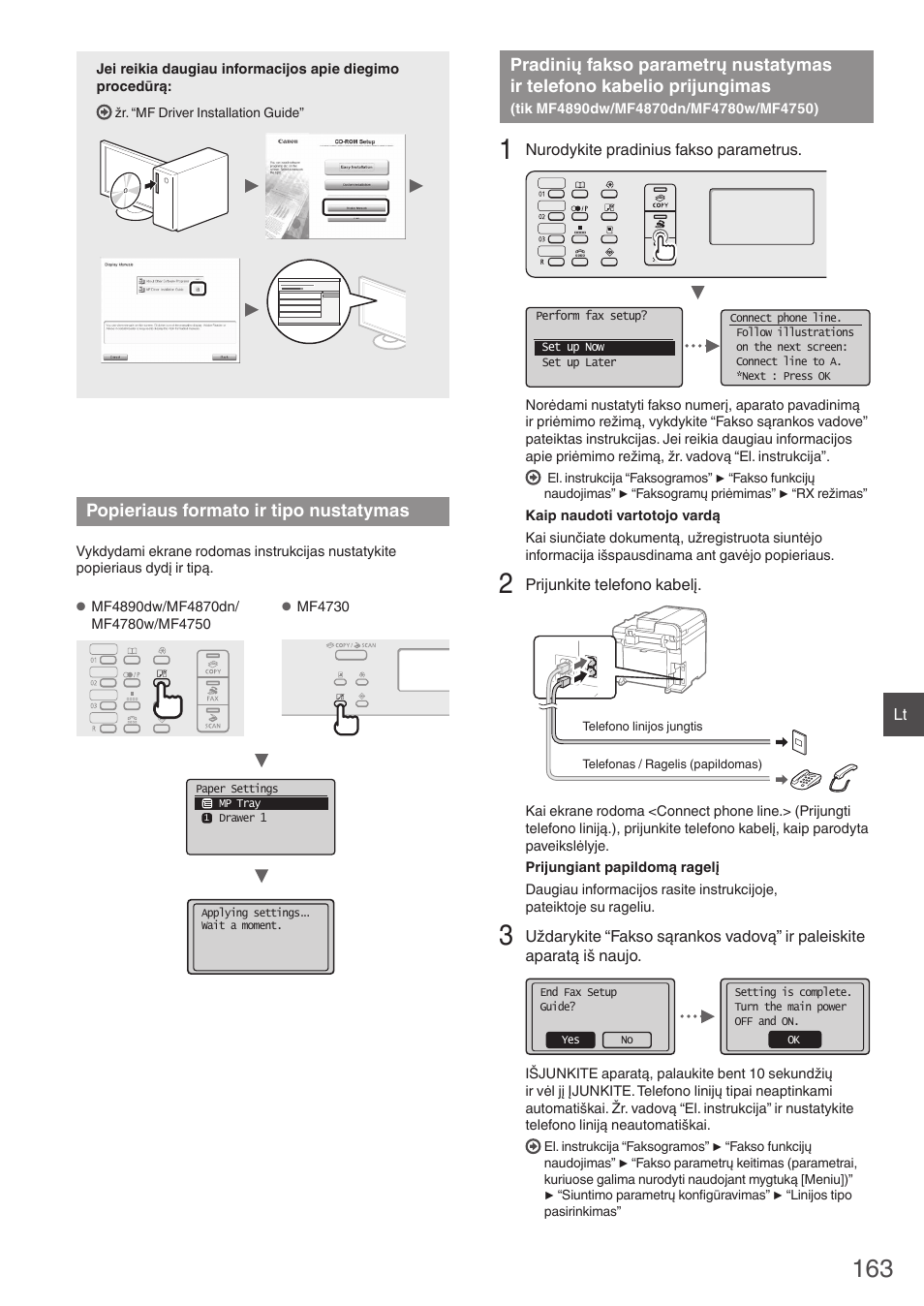 Popieriaus formato ir tipo nustatymas, Pradinių fakso parametrų nustatymas, Ir telefono kabelio prijungimas | Tik mf4890dw/mf4870dn/mf4780w/mf4750), Psl. 163) | Canon i-SENSYS MF4890dw User Manual | Page 163 / 292