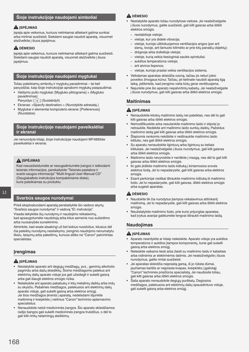 Įrengimas, Maitinimas, Naudojimas | Lt šioje instrukcijoje naudojami simboliai, Šioje instrukcijoje naudojami mygtukai, Svarbūs saugos nurodymai | Canon i-SENSYS MF4890dw User Manual | Page 168 / 292