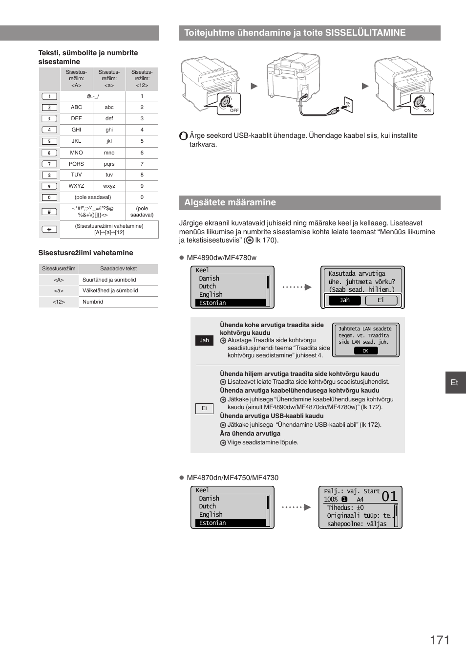 Toitejuhtme ühendamine ja toite, Sisselülitamine, Algsätete määramine | Toitejuhtme ühendamine ja toite sisselülitamine, Menüüs liikumine ja tekstisisestusviis | Canon i-SENSYS MF4890dw User Manual | Page 171 / 292