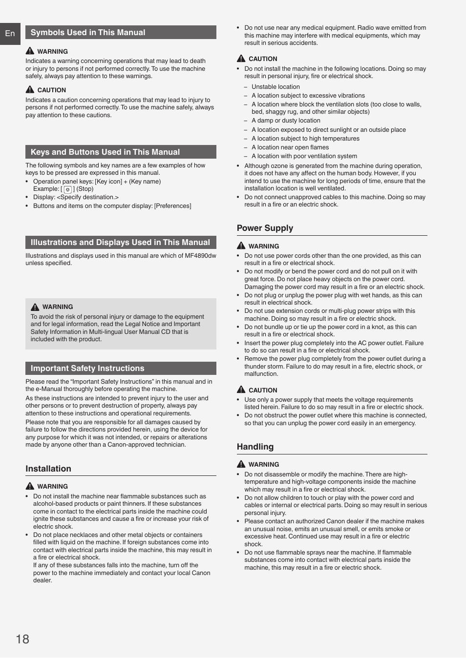 Installation, Power supply, Handling | En symbols used in this manual, Keys and buttons used in this manual, Illustrations and displays used in this manual, Important safety instructions | Canon i-SENSYS MF4890dw User Manual | Page 18 / 292