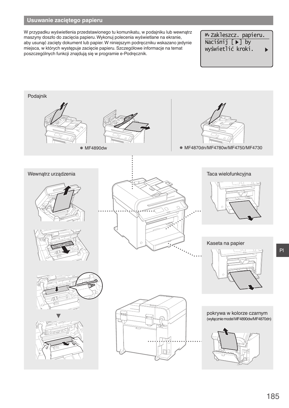 Usuwanie zaciętego papieru | Canon i-SENSYS MF4890dw User Manual | Page 185 / 292